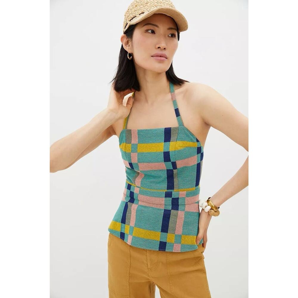 Eva Franco Anthropologie Mod Plaid Halter Top Size S MCM 1960s Retro